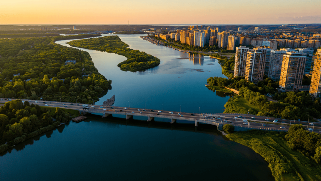 мост для автомобилей, лес и жилой комплекс