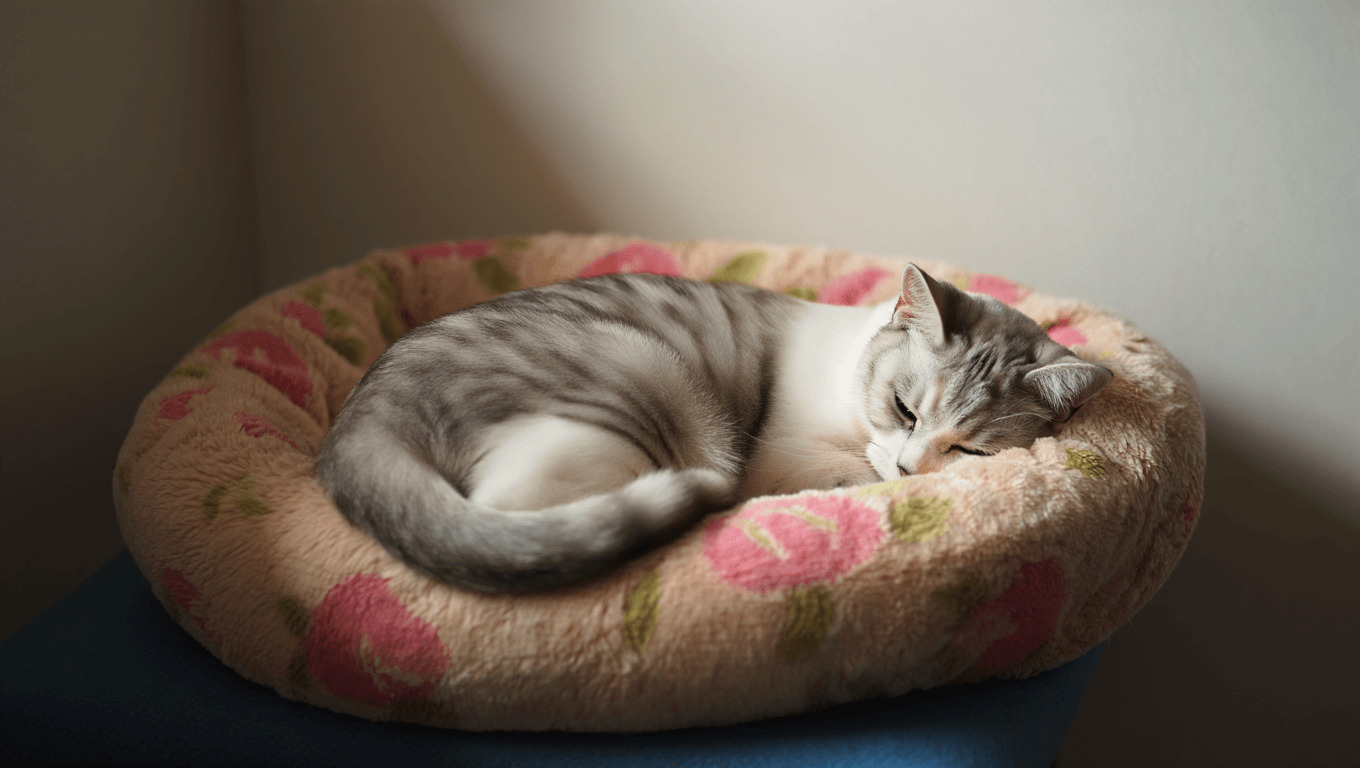 кошка спит на лежанке