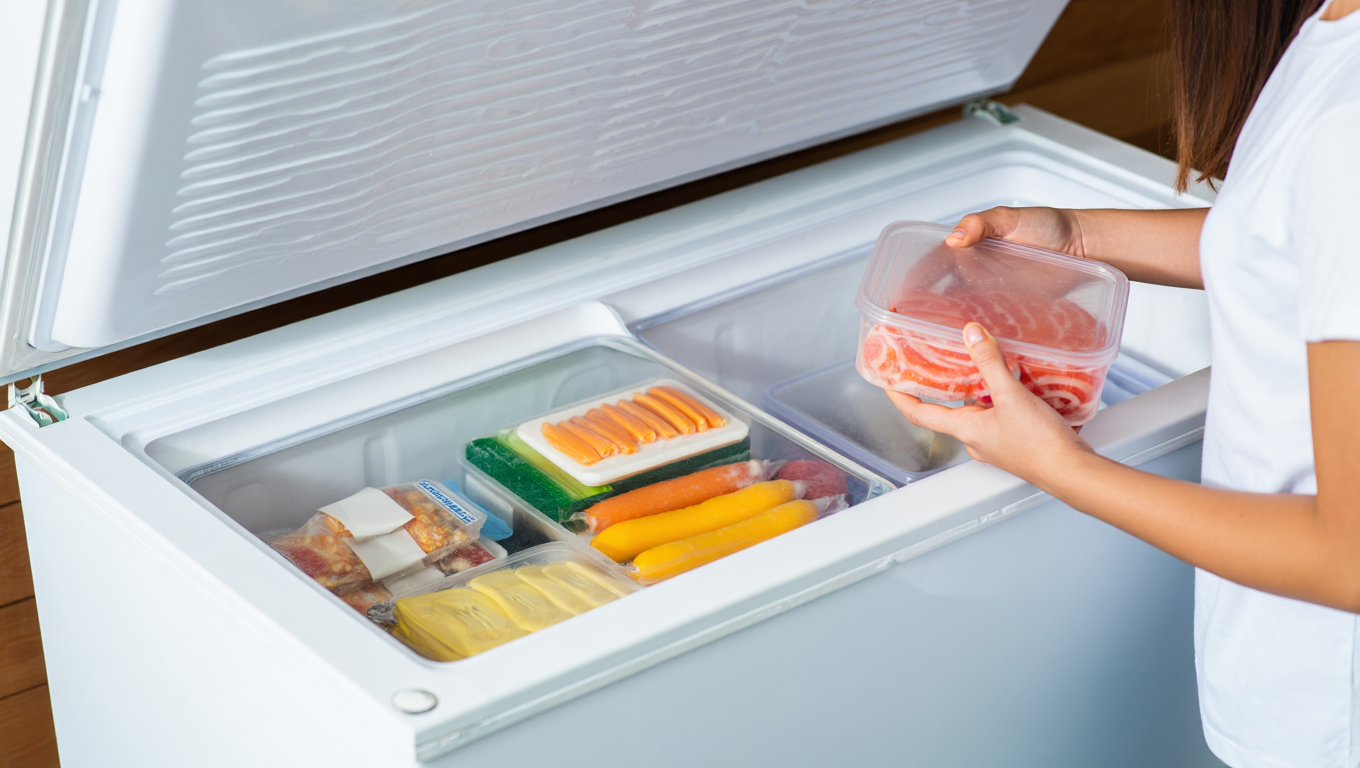 девушка стоит рядом с морозильным ларем, наполненным продуктами