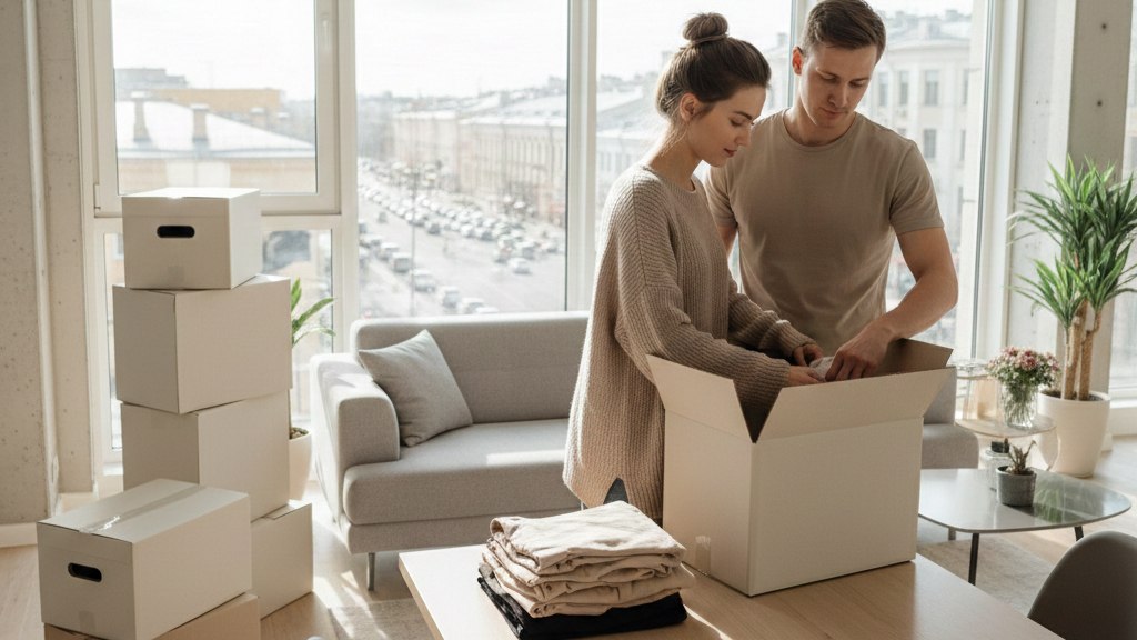 пара собирает вещи в коробки