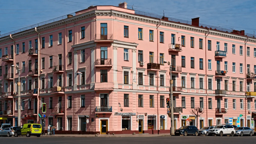 розовое здание рядом машины