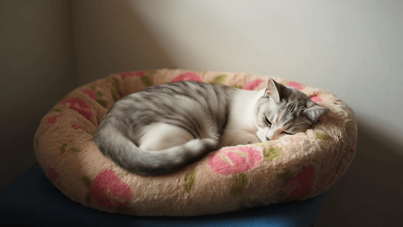 кошка спит на лежанке